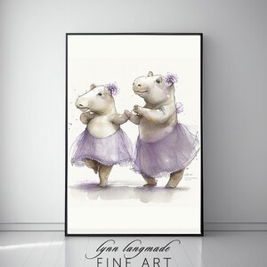 Whimsical Ballet Themed Nursery Print - Adorable Baby Hippo Ballerinas in Lavender Purple Tutus