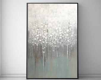 Modern Minimalist Abstract Decor - Pale Blue, Gray & White Drip Painting