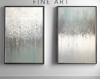 Abstract Snow Print Set - Set of 2 Modern Minimalist Prints in White, Pale Blue, and Gray Drip