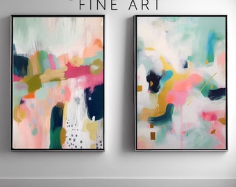 Fauvist Whimsical Art Print Set - Set of 2 Abstract Prints in Pale Pink, Teal Blue, Gold Ochre & Navy Polka Dots - Modern Decor for Home