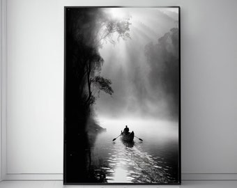 Mystical River in Fog - Black and White Fine Art Photo, Ethereal Waterscape Decor