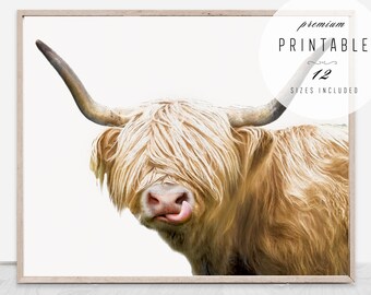 Highland Cow Art - Highland Cow Print, Printable Boho Animal Print, Cute Animal Print, Nursery Print, Cow Wall Art, Cow Horns Digital Print