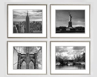 New York Print Set - New York City Prints Black White, Set of 4, Empire State Building, Statue of Liberty, Brooklyn Bridge, Central Park