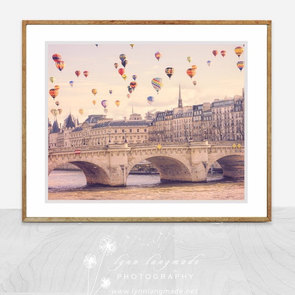 Whimsical Decor  -  Hot Air Balloons over the Seine River in Paris, Whimsical Paris Wall Art