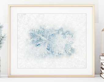 Winter Photography - snowflake wall art nature photography blue Christmas holiday decor, winter wall art white 8x10 11x14 5x7 - "Crystal"