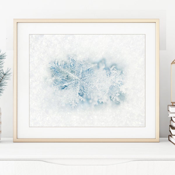 Winter Photography - snowflake wall art nature photography blue Christmas holiday decor, winter wall art white 8x10 11x14 5x7 - "Crystal"