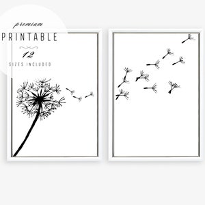 Dandelion Print Set - Set of 2 Prints, Printable Dandelion Prints, Nursery Decor, Dandelion Poster, Black and White Set, Dandelion Wall Art