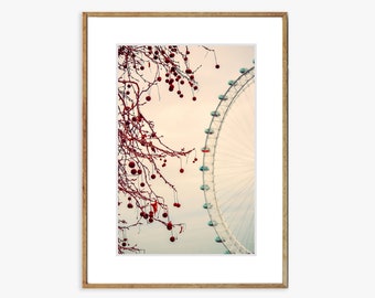 London Eye Print Framed - Abstract London Winter Photography,  London Eye and  Winter Tree in Beige, Pink, and Blue 20x30 40x60