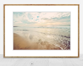 Beach Photography - seashore, ocean photograph, summer, California, beach decor, beach wall art, beige and blue photo - "Sunset in the Sand"