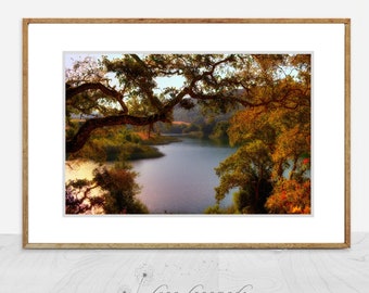 Autumn Lake Photography Print – Orange & Green Foliage, "Harmony"