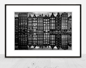 Amsterdam Houses - Black and White Amsterdam Print, travel wall art, amsterdam photography, large amsterdam art, 20x30 landscape reflection