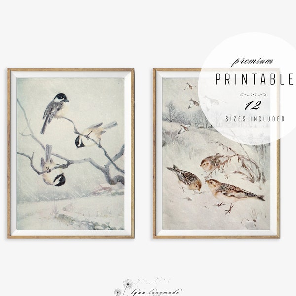 Winter Wall Art - Kitchen Printables, Entryway Wall Art, Set of 2 Prints, Holiday Decor, Chickadees in Snow Storm, Sparrows in Snow, 11x14