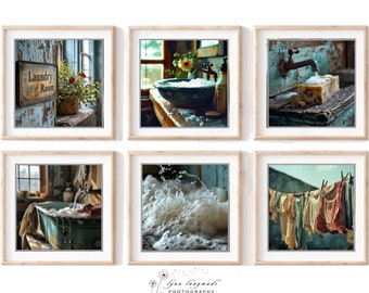 Laundry Room Print Set - Set of 6 Laundry Room Prints, Wash Tub, Soap Suds, Clothesline