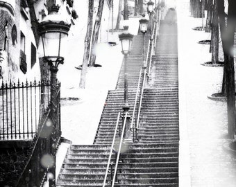 Paris Black and White Stairs - snowy morning Montmartre winter photography 8x10 11x14 16x20 snow black and white art Winter in Paris France