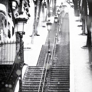 Paris Black and White Stairs - snowy morning Montmartre winter photography 8x10 11x14 16x20 snow black and white art Winter in Paris France