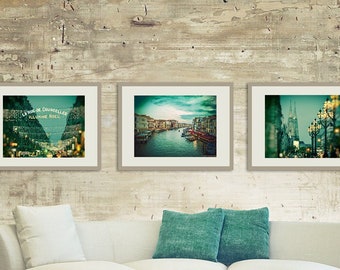 Teal Blue Travel Print Set- set of 3 prints teal blue gold 8x10 11x14 16x24 paris photography venice photography travel wall decor 3 photos