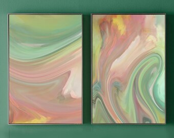Abstract Pastel Print Set -- Set of 2 prints 8x10 pale pink mint green abstract wall art 11x14 living room spring photo hallway decor 16x20