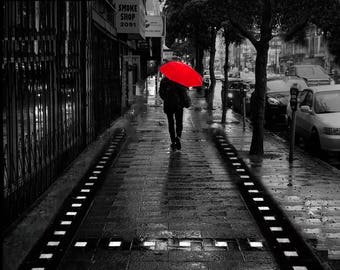 Red Umbrella Art - black and white color 16x20 red umbrella canvas art 11x14 splash photography 8x10 san francisco photography - "Rainy Day"