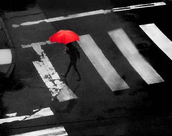 Umbrella Art - rainy day photography 16x20 red umbrella canvas art 11x14 black and white color art 8x10 san francisco art 5x7 "Open Heart"