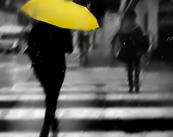 Yellow Umbrella Art- yellow color splash canvas 16x20 photography rain umbrella 11x14 black and white bokeh photography 8x10 - "Downpour "