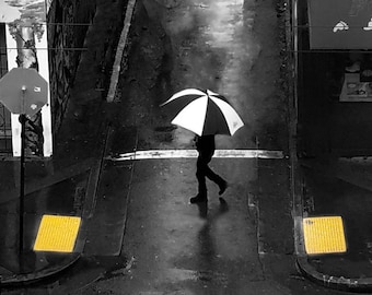 Rainy Day Photography- yellow umbrella wall art 16x20 street photograpy 11x14 black and white pop of color 8x10 san francisco - "Umbrella "