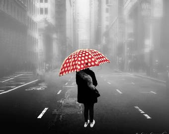 Whimsical Art - girl with umbrella art 16x20 black and white red 11x14 dot art 8x10 red umbrella 5x7 san francisco photography "Urban Dream"