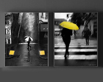 Yellow Umbrella Art Set - Set of 2 yellow umbrella prints 8x10 rain photography 11x14 black and white color wall art 16x20 bathroom decor