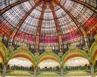 Paris Photography - gallerie lafayette Paris decor 11x14 shopping mall architecture pink red gold vertical panorama 16x20 5x7 8x10  "Ornate"