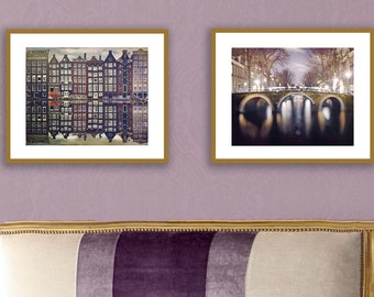 Amsterdam Print Set - set of 2 prints, purple travel prints, amsterdam gift, canal photography, amsterdam wall art living room "Dawn & Dusk"