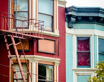 San Francisco Photography - victorian houses san francisco photos 16x24 red blue colorful wall art 8x10 prints hallway decor -  "Hot & Cold"