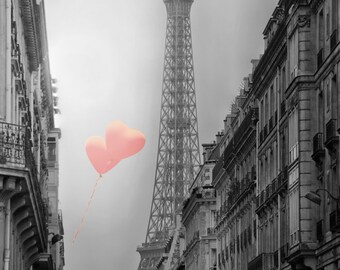 Black and White Photography - Eiffel Tower heart balloons valentine decor Paris Photography romantic Paris wall decor 8x10 "Up and Away II"