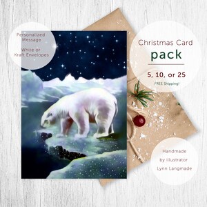 Christmas Card Set - Illustrated Holiday Cards & Kraft Envelope, Polar Bear with Snow, North Star, 5x7, 10 pack, 6 Xmas Cards, Cute Animal