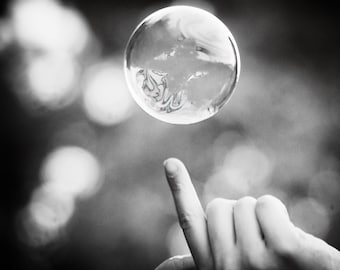 Black and White Photography - bubble above fingertip bathroom decor bath print bubble wall art bubbles gray abstract 8x8 print "Moment"