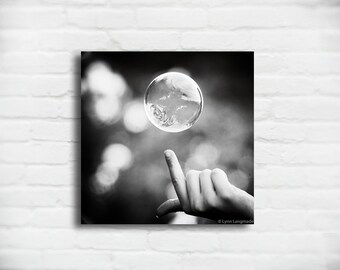 Black and White Bubble Canvas - bubble photography bubbles 8x8 abstract square 20x20 large canvas art 24x24 bathroom decor - "The Moment"