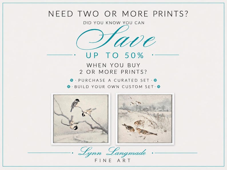 May include: Two square art prints featuring winter bird scenes. The left print shows three black-capped birds on a snowy branch. The right print depicts birds in a snowy field. Text reads: NEED TWO OR MORE PRINTS? SAVE UP TO 50% WHEN YOU BUY 2 OR MORE PRINTS? PURCHASE A CURATED SET. BUILD YOUR OWN CUSTOM SET. Lynn Langmade FINE ART.