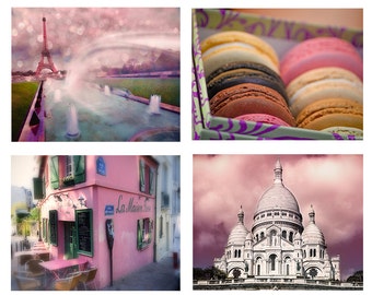 Pink Paris Print Set - set of 4 prints 8x10 paris eiffel tower 11x14 sacre coeur la duree macarons pink photos travel photography 5x7 8x12