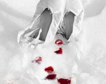 Ballet Photography - pointe shoes red rose petals winter snow 11x14  valentine decor 8x10 white romantic ballet wall art prints - "Encore"