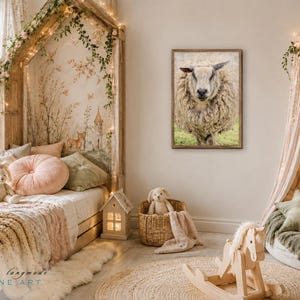 May include: A framed wall art print featuring a close-up portrait of a fluffy sheep with thick, textured wool, displayed in a child's bedroom with a canopy bed, a wooden rocking horse, and various plush toys and decorative pillows.