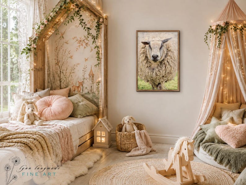 May include: A framed wall art print featuring a close-up portrait of a fluffy sheep with thick, textured wool, displayed in a child's bedroom with a canopy bed, a wooden rocking horse, and various plush toys and decorative pillows.