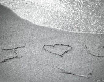 Black and White Photography- "I love you" written in sand, black wall decor, inspirational photo, summer, beach wall prints - "I Heart You"