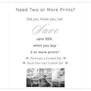 Op de afbeelding: Een promotieafbeelding met tekst die een korting op prints aanbiedt. De tekst luidt "Twee of meer prints nodig?" en "Bespaar tot 50% wanneer u 2 of meer prints koopt?" Drie zwart-wit landschapsprints worden getoond.