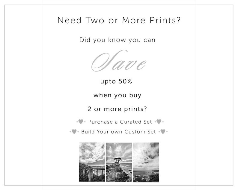 Op de afbeelding: Een promotieafbeelding met tekst die een korting op prints aanbiedt. De tekst luidt "Twee of meer prints nodig?" en "Bespaar tot 50% wanneer u 2 of meer prints koopt?" Drie zwart-wit landschapsprints worden getoond.