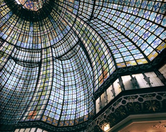 Paris Photography -blue stained glass ceiling at Printemps store, Paris wall decor, Paris wall prints, Paris art, travel - "Looking Glass"