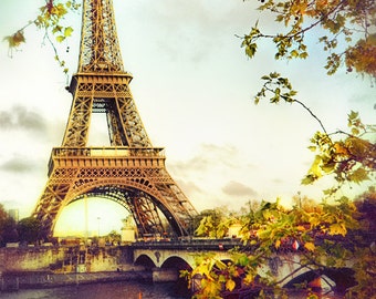 Paris Photography - Eiffel Tower in gold, Paris wall prints, travel, wall decor, europe, yellow photo - "Romance in Gold"