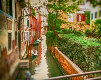 Venice Photography - boats canal summer red 10x10 orange wall decor 8x8 Venice wall print 20x20 travel photography square - "Sleepy Summer"