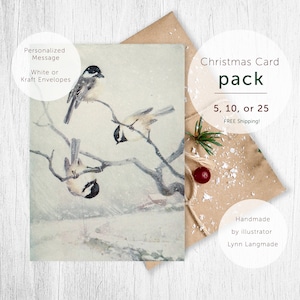 Carte de vœux mésange - paquet de cartes de Noël et enveloppes kraft, mésange oiseaux neige, 5 x 7, 25 cartes de vœux, paysage hivernal personnalisé