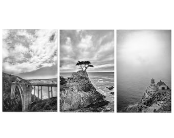Coastal Print Set- set of 3 black and white prints 5x7 8x12 gray coastal photography large wall art 24x36 monterey lighthouse bixby bridge