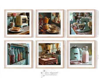 1950s Kitchen Print Set - Set of 6 Retro Kitchen Art Prints, Milk Jug, Soda, Stove, Electric Mixer, Toaster, & Coffee Pot