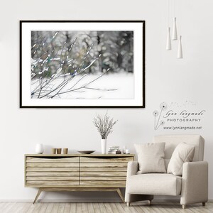 Op de afbeelding: Een ingelijste kunstdruk met een winterlandschap met met sneeuw bedekte takken op de voorgrond. Het kunstwerk toont een vage achtergrond van bomen en sneeuw. De print wordt weergegeven boven een houten kast en een beige fauteuil.