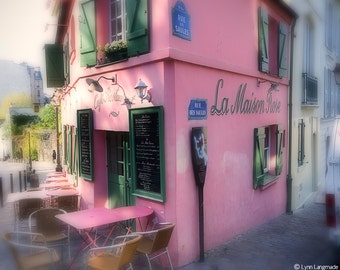 Paris Photography - pink and green cafe in Paris, Montmartre, romantic, home decor, Paris wall decor, Paris wall prints- "Parisian Rose"